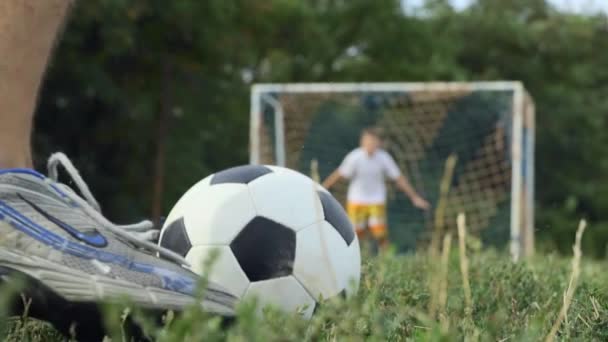 Irmãos a jogar futebol. Bata a bola no gol — Vídeo de Stock