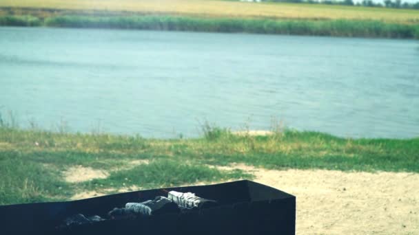 Barbecue sul lago. Legna da ardere — Video Stock