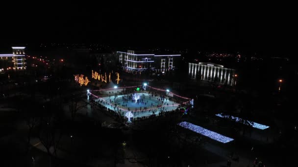 New Year Ice Skating Rink Many People Rink Night Time — Stock Video