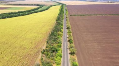 Hava görüntüsü. Tarımsal alanların arasındaki otoyol. Sonbaharda sürülen tarlalar ve ayçiçeği tarlaları