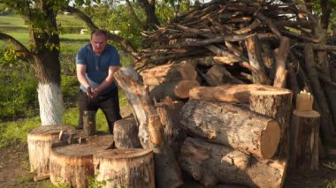 The man is chopping wood. Chopping wood with steel ax, country landscape with lumberjack.