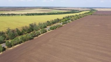 Hava görüntüsü. Tarımsal alanların arasındaki otoyol. Sonbaharda sürülen tarlalar ve ayçiçeği tarlaları