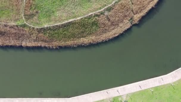 Widok Powietrza Rzekę Ludzie Chodzą Wzdłuż Nabrzeża Rzeki Brzeg Rzeki — Wideo stockowe