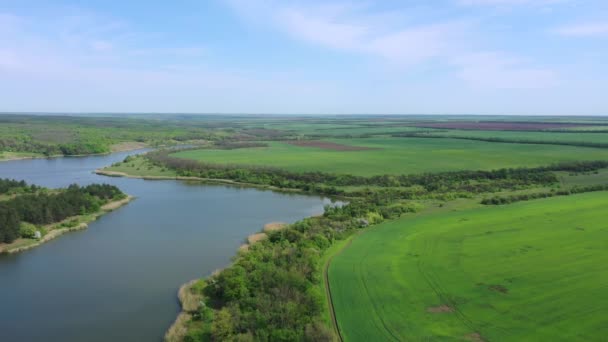 Landwirtschaftliche Felder Der Nähe Des Stausees Frühlingszeit Luftaufnahme — Stockvideo