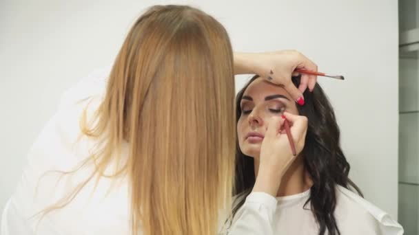 Artista Maquiagem Profissional Com Pincel Aplica Sombra Olhos Uma Jovem — Vídeo de Stock