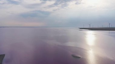 Hava görüntüsü. Lemuria Gölü (Pembe Göl), Ukrayna 'nın Kherson bölgesinde bulunan bir göldür. Akşam vakti..