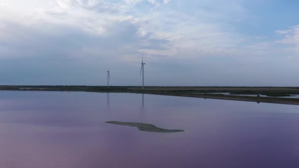 Ukrayna Nın Kherson Bölgesinde Pembe Gölü Kıyılarında Rüzgar Türbinleri Akşam — Stok video