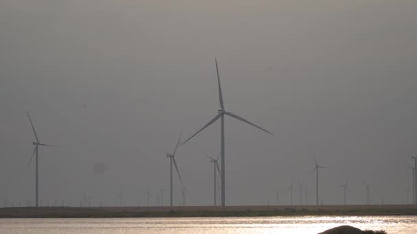 晚上海滨的风力涡轮机 — 图库视频影像