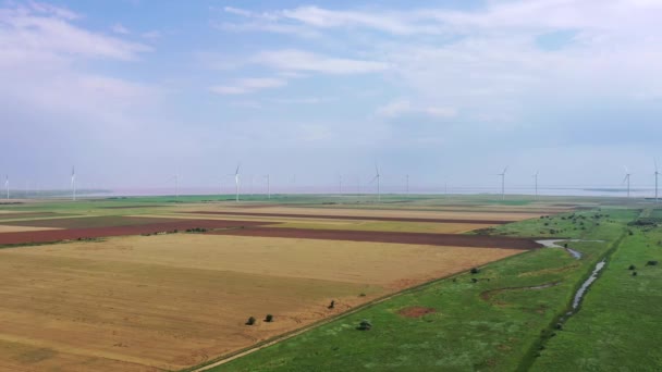 Een Vogelperspectief Van Windturbines Landbouwvelden Aan Horizon Een Roze Meer — Stockvideo