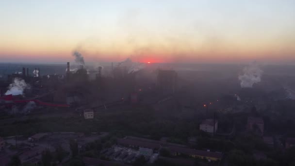 Aerial View Air Pollution Silhouettes Blast Furnaces Sky Dawn — Stock Video