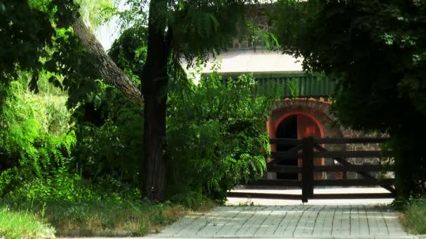 Las puertas de la casa patio en el bosque — Vídeos de Stock