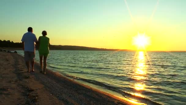 夫妇都在海滩上的背景下冉冉升起的太阳 — 图库视频影像