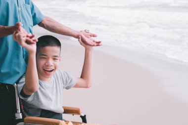 Tekerlekli sandalyedeki özel Asyalı çocuk gülümsüyor, deniz sahilinde oynuyor ve aktiviteler yapıyor, engelli çocuğun yaşam tarzı, eğitim çağında yaşam, seyahat tatillerinde mutlu engelli çocuk..