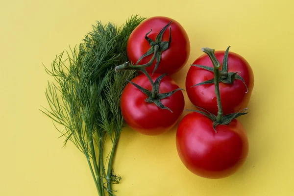 Dill and four tomatoes on yellow background — Stock Photo, Image