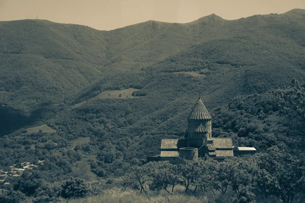 Ancient monastery Tatev, Armenia, black and white, splite tone — Stock Photo, Image