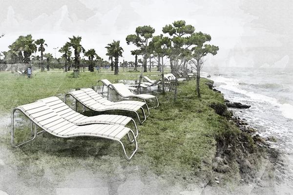 Watercolour effect seaside resort, chaise longue, sea, palm trees, landscape — Stock Photo, Image