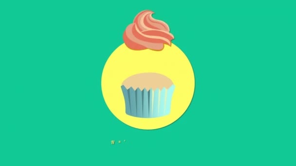 Animado primer plano feliz cumpleaños texto con muffin en el fondo de vacaciones — Vídeos de Stock