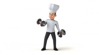 Ağırlıkları olan eğlenceli çizgi film şefi.