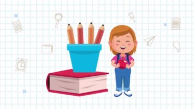 Küçük okul çocuğu animasyon karakteri. Not defteri ve kalemleri 4K.