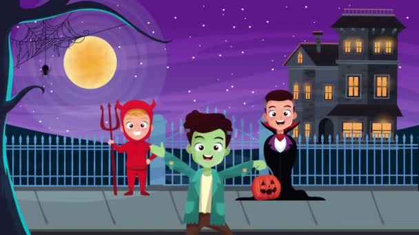 Feliz halloween escena animada con animación 4k — Vídeos de Stock