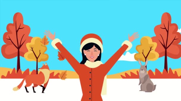 Merhaba sonbahar animasyonu Güzel kadın ve hayvanlarla 4k animasyon — Stok video