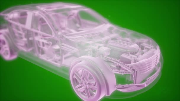 Holografische animatie van 3D wireframe auto model met motor — Stockvideo