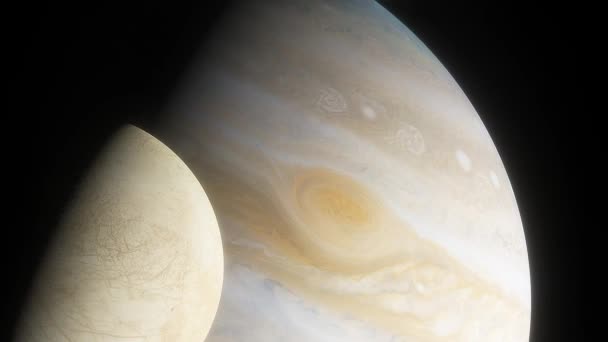 Luna de hielo europa en el fondo del gran planeta de gas jupiter — Vídeos de Stock