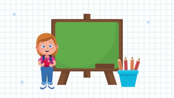 Kleine schooljongen animatie karakter met notebook en potloden 4k — Stockvideo