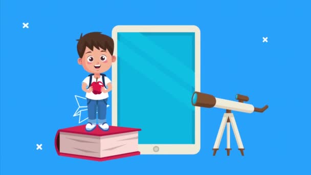 Pequeno estudante personagem de animação com caderno e lápis 4k — Vídeo de Stock