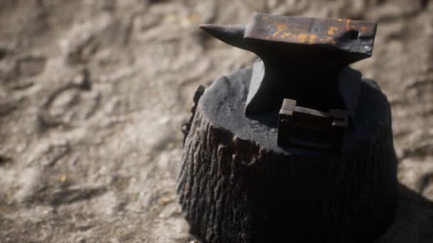 Старая наковальня, прикрепленная к пню — стоковое видео