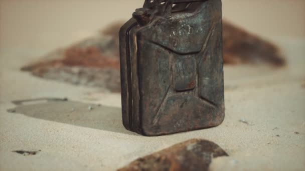 Old rusty fuel canister in the desert — Stock Video