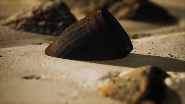 Old wooden barrel on the beach — Stock Video