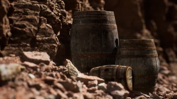 Vieux tonneaux de vin vintage en bois près du mur de pierre dans le canyon — Video
