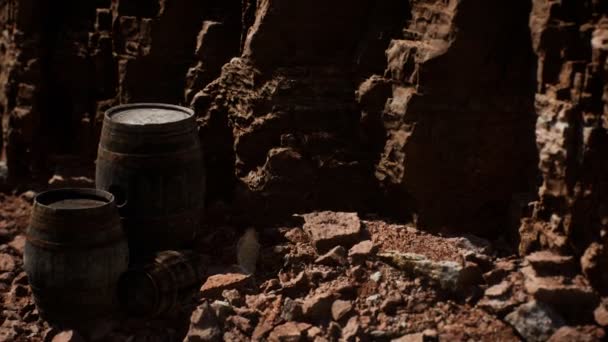 Velhos barris de vinho vintage de madeira perto da parede de pedra no cânion — Vídeo de Stock