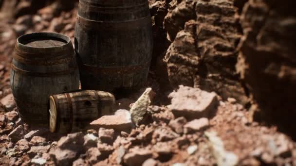 Vieux tonneaux de vin vintage en bois près du mur de pierre dans le canyon — Video
