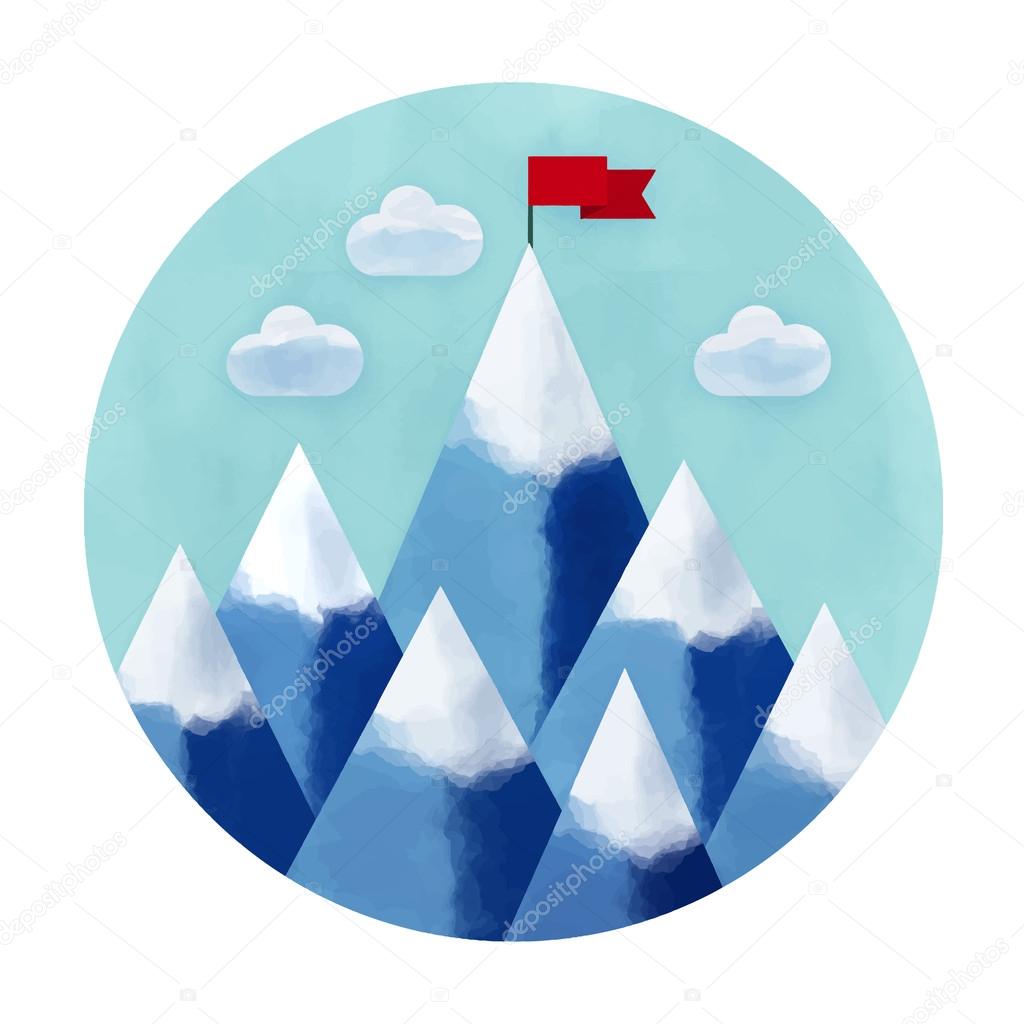 Watercolor vector illustration of success and victory. High mountain, ribbon, clouds, red  flag on the mountain peak, winning strategy. Achieving the goal, winning strategy with focus on results.