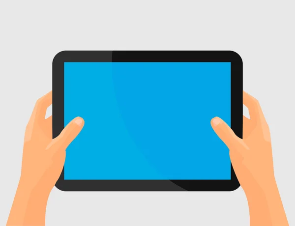 Mãos furando computador tablet com tela em branco — Vetor de Stock