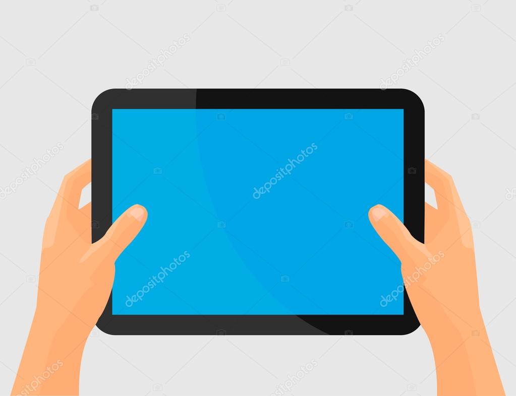 Hands holing tablet computer with blank screen