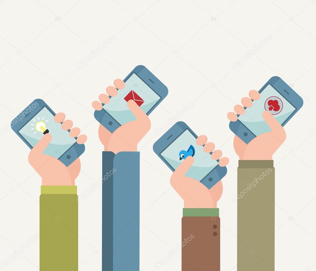 Flat design vector illustration of hands with phones