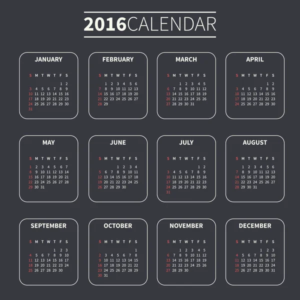 Πρότυπο ημερολόγιο για το 2016 — Διανυσματικό Αρχείο