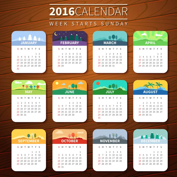 Modelo de calendário vetorial 2016 Ilustrações De Stock Royalty-Free