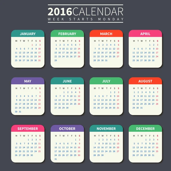Kalendervorlage 2016 — Stockvektor