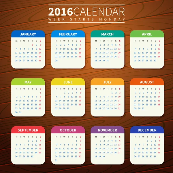 Kalender sjabloon 2016 houten achtergrond Stockvector