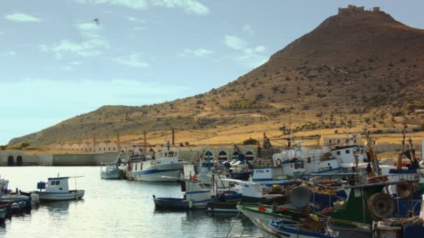 Doca com pequenos navios de pesca — Vídeo de Stock