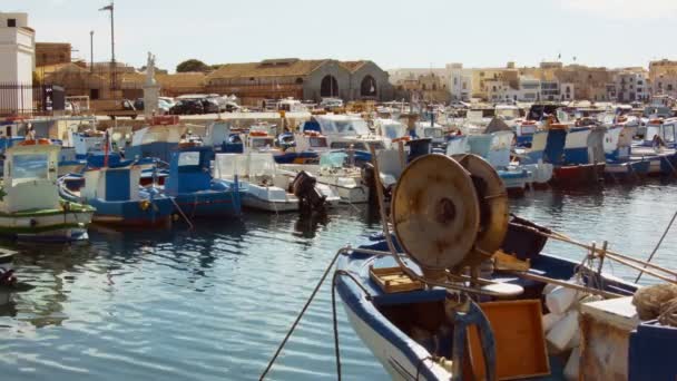 Док з невеликими рибальськими кораблями — стокове відео