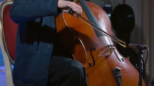 Närbild av en cello spelare böjer sitt instrument — Stockvideo