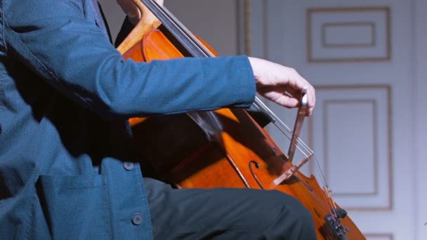 Primo piano di un violoncellista che inchina il suo strumento — Video Stock