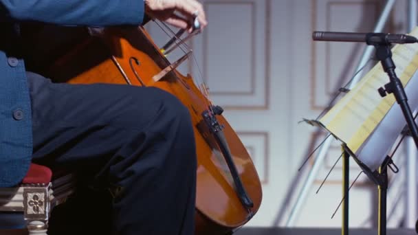 Крупный план виолончелиста, склоняющего свой инструмент — стоковое видео