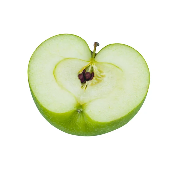 Green Granny Smith Manzana cortada por la mitad sobre fondo blanco — Foto de Stock