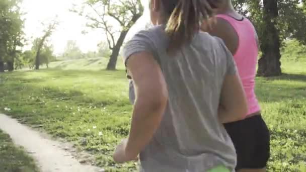 Duas jovens jogging juntos no parque — Vídeo de Stock